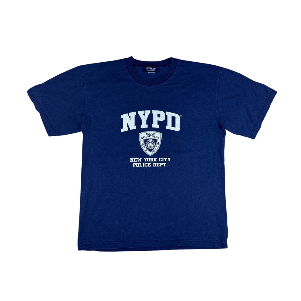 NYPD T-Shirt Y2K Men's Large Navy Blue‎ Cracked Print Police Dept Tee